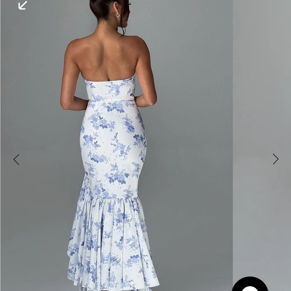 Floral Blue and White Strapless Dress